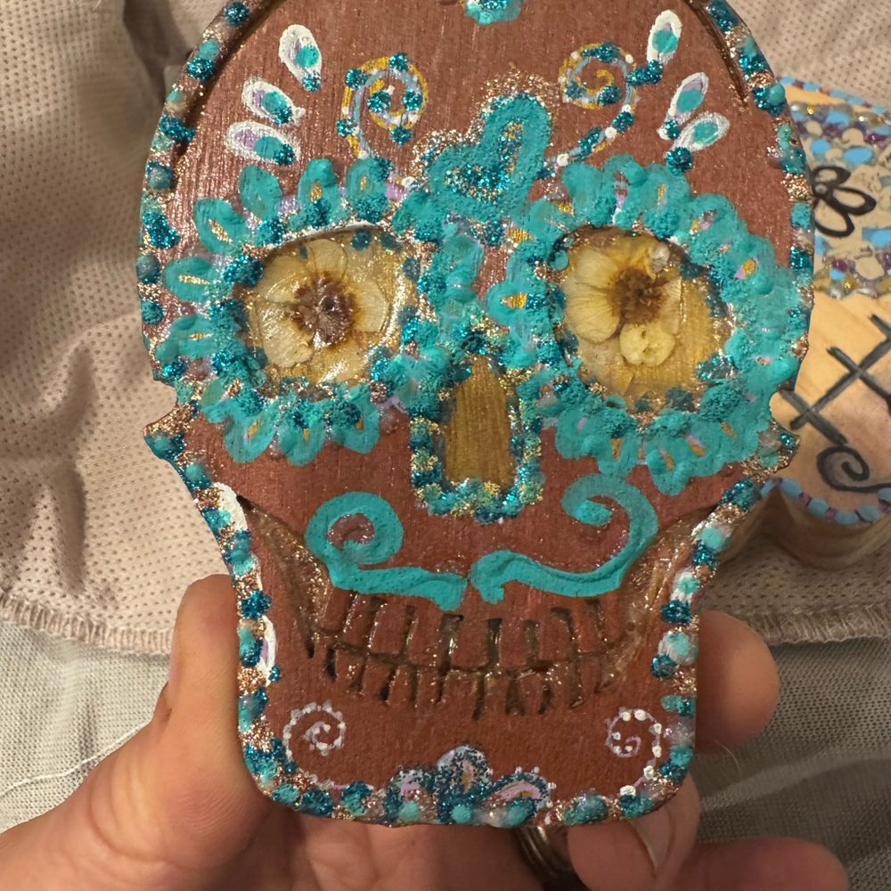 Handcrafted Brown and Blue day of the dead sugar skull spooky season
